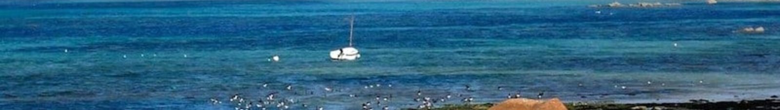 Plage rocheuse, bateau amarré, eau turquoise près de Lannion.